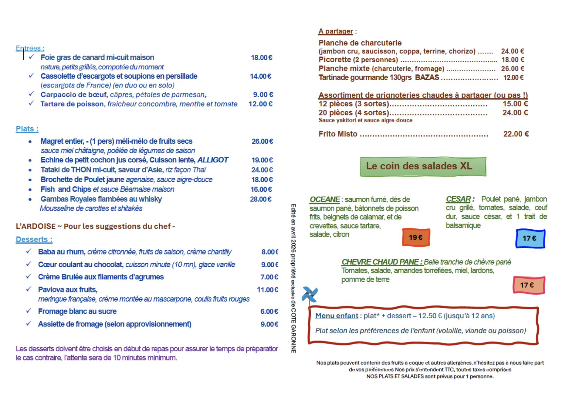 Menu de printemps 2026 – Côté Garonne – Hôtel de Charme à Tonneins Menu de printemps 2026 - Côté Garonne - Hôtel de Charme à Tonneins